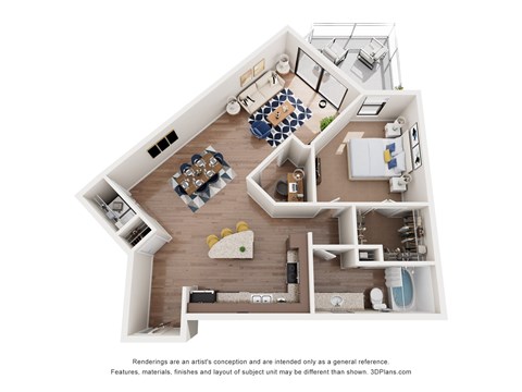 Floor plan for 1 bed, 1 bath, 897 sqft
